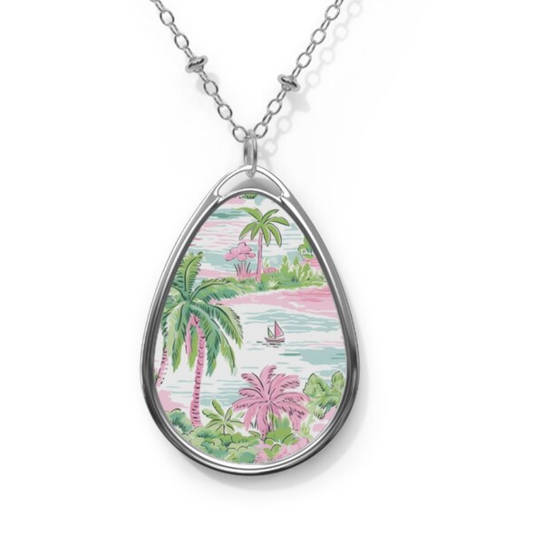 Tropical Beach Necklace Beach Scene Pendant Preppy Beach Necklace Palm Trees Sailboat Jewelry Island Surf Necklace Pink Green Waves Pendant