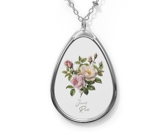 June Birth Flower Necklace June Roses Oval Necklace Roses Necklace Gift for June Birthday Birth Flower Jewelry June Rose Jewelry Giftful