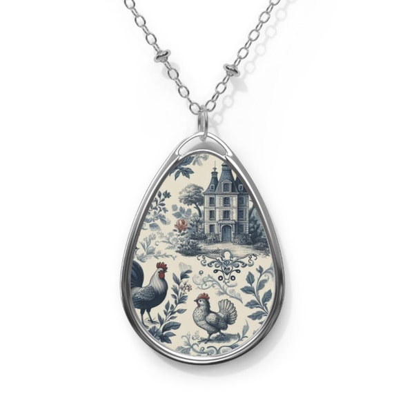 French Toile Pendant Necklace Blue Toile Necklace Toile de Jouy Jewelry French Necklace Toile Pendant Blue White Necklace Romantic Gift