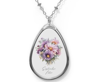 September Aster Birth Flower Oval Necklace Aster Necklace Aster Flower Jewelry September Birth Flower Gift Birth Flowers Pendant Mom Gift