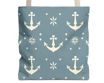 May include: A blue tote bag with a white anchor and star pattern.