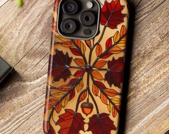 Boho Leaves Stained Glass Phone Case Autumn Phone Case Fall Season Aesthetic Case Leaf Pattern Phone Case Botanical Phone Case Nature Lover