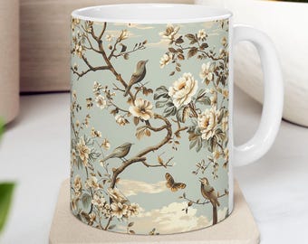 Toile Birds Mug, French Toile Mug Blue Toile Bird Lover Mug Toile de Jouy Elegant Mug Cottage Decor Vintage Style Mug French Kitchen Decor