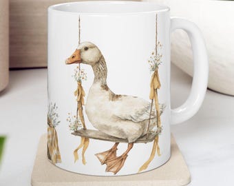 Goose and Flowers Mug, Cute Goose on a Swing Goose Kitchen Decor Farmhouse Mug Gift Bird Lover Present Farm Animal Mug Country Kitchen Mug