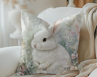 Easter Bunny in Flowers Square Pillow Case Pastel Floral Rabbit Cushion Spring Bunny Decor Baby Bunny Nursery Pillow Rabbit Lover Gift