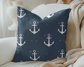 Navy Blue Anchor Pillow Cover, Nautical Pillow Coastal Throw Pillow Boating Print Pillow Maritime Room Decor Blue Ocean Pillow Beach Gift