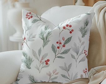 Christmas Holly and Berries Pillow Cover, Rustic Holiday Cushion Cover Nature Throw Pillow Winter Home Decor Red Pale Green Holiday Pillow