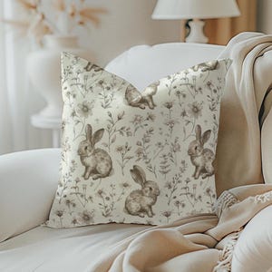 Easter Rabbit Square Pillow Case Rabbit Throw Pillow Beige White Bunny Cushion Spring Rabbit Pillow Rabbit Lover Gift Easter Home Decor Gift