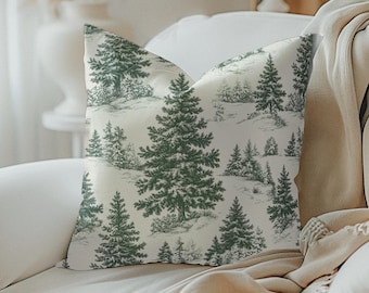 Green Toile Christmas Tree Pillow Cover French Country Holiday Decor French Country Throw Pillow Vintage Style Pillow Snowy Tree Pillow Gift