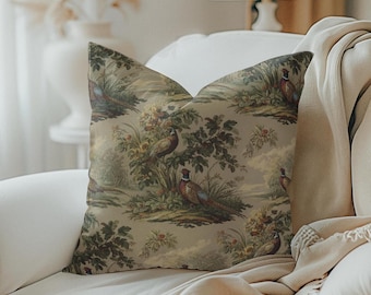 French Toile Pheasant Pillow Cover, Brown Green Decorative Throw Pillow Vintage Wildlife Farmhouse Accent Masculine Office Pillow Bird Lover