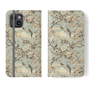 Floral Birds Phone Flip Case Vintage Style Floral Flip Case for Women Botanical Folio Phone Case Garden Flowers and Birds Flip Case Gift