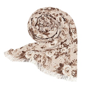 Brown Floral Scarf White Roses Scarf Elegant Flower Scarf Neutral Floral Scarf Brown and White Scarf Botanical Print Scarf Countryside Scarf