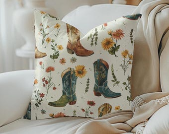 Cowboy Boots Wildflowers Pillow Cover Western Floral Pillow Cover Ranch Home Decor Cowgirl Gift Pillow Country Western Boot Throw Pillow