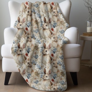 Rabbits and Flowers Blanket Cute Bunny Blanket Floral Rabbit Throw Wildflower Blanket Rabbit Lover Gift Spring Blanket Hare Bedding Gift