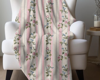 Pink Floral Stripe Blanket, Vintage Floral Throw Rose Stripe Bedding Victorian English Garden Blanket Floral Inspired Throw Rose Lover Gift