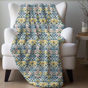 Blue and Yellow Blanket Geometric Floral Throw Boho Ethnic Blanket Greek Island Blanket Moroccan Bedding Arabesque Tile Flower Blanket Gift