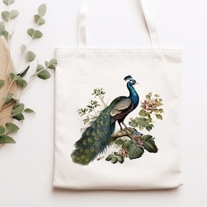 Peacock on Branch Tote bag Peacock Apparel Magnificent Bird Bird Lover Gift Luxurious Bird Peacock Plumage Peacock Shopping Tote Gift