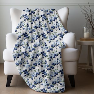 Wild Blueberries Blanket, Blueberry Blanket Fruit Lover Blanket Nature Inspired Blanket Blueberry Print Berry Blanket Blue and White Blanket