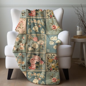 Floral Patchwork Blanket, Bohemian Folk Throw Flower Gardener Blanket Rustic Flower Squares Throw Cottage Garden Bedding Vintage Floral Gift