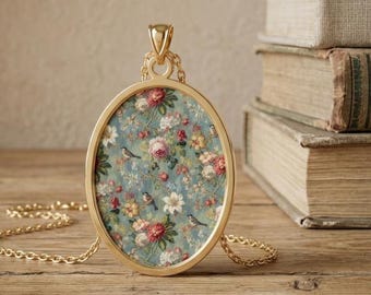 Vintage Flowers Oval Pendant, Garden Floral Necklace Country Cottage Jewelry Botanical English Countryside Gift French Country Bloom Pendant
