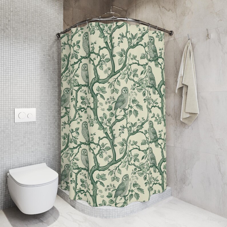 Rideau de douche hibou, décoration de salle de bain hibou vert, rideau de douche hibou des forêts, hiboux sur branches, rideau de salle de bain hibou mignon, décoration de salle de bain bohème boisée image 6