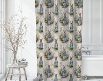 Bunny Rabbit Shower Curtain - Rabbits and Flowers Bath Curtain Kids Animal Bathroom Woodland Bunny Shower Curtain Cute Rabbit Bath Decor