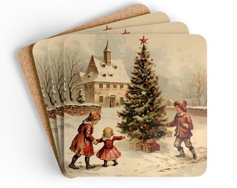 Vintage Christmas Tree Coaster Set Christmas Coasters Christmas Tree Victorian Christmas Snow Scene Christmas Decor Traditional Holiday Gift