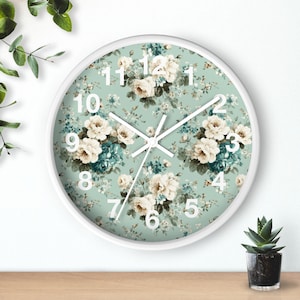 White Rose Wall Clock Floral Home Decor Pale Blue Green Flower Clock Elegant Kitchen Floral Clock Rose Print Wall Clock Country Flower Gift