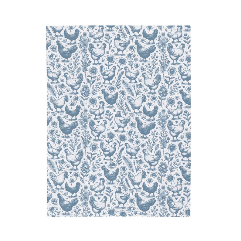 Blue Chicken Blanket, Farmhouse Chicken Throw Rustic Farm Bedding Country Chicken Decor Chicken Lover Gift Blue and White Blanket Farm Gift image 8