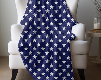 White Stars Blanket, Patriotic USA Bedding Navy Blue Star Decor Stars Throw 4th July Blanket Country Cottage Blue Blanket Star Print Throw