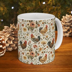 Chickens and Flowers Mug, Farm Lover Mug Gift Farmhouse Mug Floral Mug Cozy Fall Mug Country Kitchen Chicken Lover Gift Chicken Decor Gift
