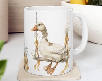 Goose and Flowers Mug Cute Goose on a Swing Goose Kitchen Decor Farmhouse Mug Gift Bird Lover Present Farm Animal Mug Country Kitchen Mug