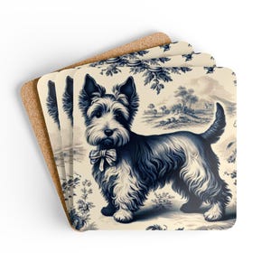 Blue Toile Scottie Dog Cork Coaster Set Blue Toile Coasters Scottish Terrier Coasters Dog Lover Gift Elegant Pet Lover Gift Scottie Dog Gift