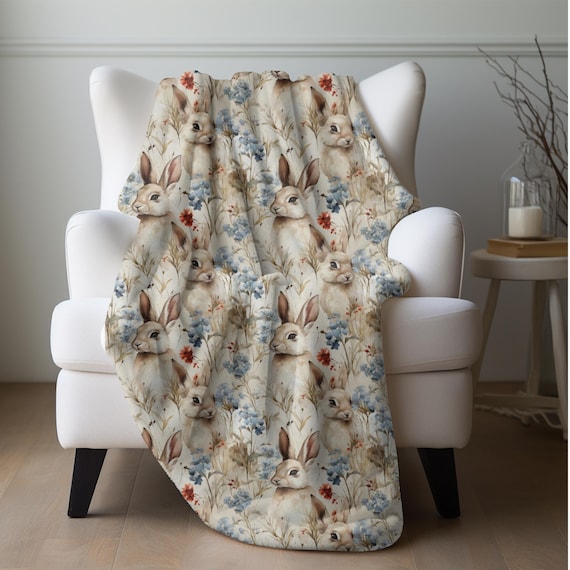 Rabbits and Flowers Blanket, Cute Bunny Blanket Floral Rabbit Throw Wildflower Blanket Rabbit Lover Gift Spring Blanket Hare Bedding Gift
