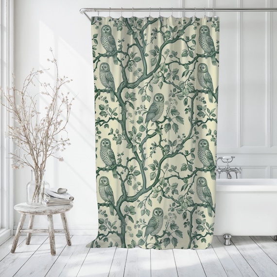 Owl Shower Curtain Green Owl Bathroom Decor Forest Owl Shower Curtain Owls on Branches Cute Owl Bathroom Curtain Boho Woodland Bath Decor