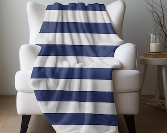 Navy Blue Stripe Blanket, Wide Coastal Stripe Throw Blue Stripes Bedding Preppy Beach Home Decor Classic Navy Blanket Nautical Blanket Gift