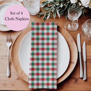 Red Green White Gingham Napkins, Set of 4 Christmas Checkered Napkins Traditional Holiday Table Country Christmas Dining Season Color Decor