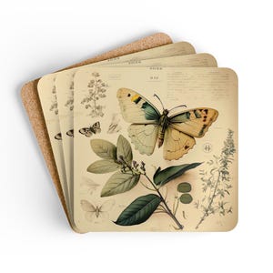 Wild Butterflies Coaster Set Vintage Nature Study Coasters Butterfly Lover Gift Natural History Coasters Botanical Coaster Wildflower Gift