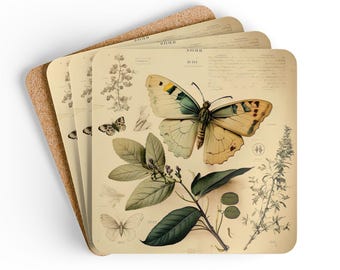 Wild Butterflies Coaster Set Vintage Nature Study Coasters Butterfly Lover Gift Natural History Coasters Botanical Coaster Wildflower Gift