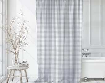 Grey Plaid Shower Curtain - Gray Tartan Bath Curtain Gray and White Bathroom Classic Checkered Grey Shower Curtain Farmhouse Check Bathroom