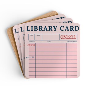 May include: A pink library card with the text "LIBRARY CARD" in navy blue. The card has fields for date, name, date due, title, and date returned. The card number "031211" is printed in red.