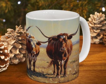 Longhorn Cow Mug, Ranching Coffee Cup Western Farm Rancher Kitchen Country Livestock Oil Painting Drinkware Cow Lover Gift Cowboy Drink Gift