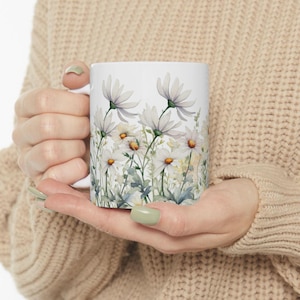 Wild Daisies Ceramic Mug White Floral Coffee Cup Wildflower Lover Gift Botanical Coffee Cup Gardener Kitchen Decor Daisy Flower Lover Gift