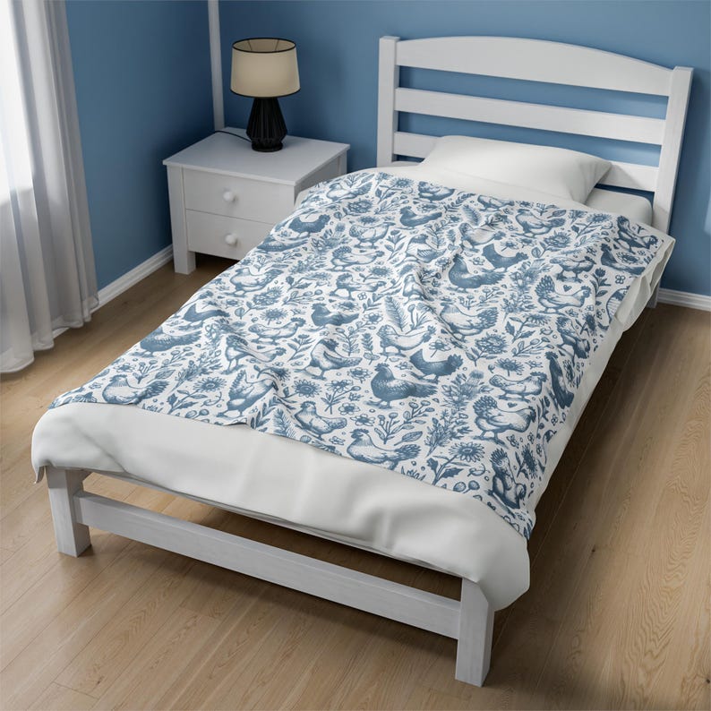 Blue Chicken Blanket, Farmhouse Chicken Throw Rustic Farm Bedding Country Chicken Decor Chicken Lover Gift Blue and White Blanket Farm Gift image 6