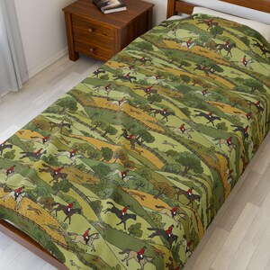 English Fox Hunting Blanket, Equestrian Gift Country Side Throw Horse Hounds Blanket Gift English Rural Countryside Bedding Horse Lover Gift image 7
