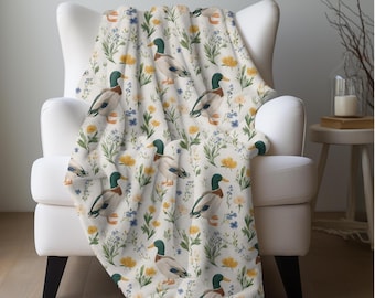 Ducks and Flowers Blanket, Farm Birds Throw Farmhouse Duck Bedding Duck Lover Gift Floral Bedding Mallard Duck Throw Whimsical Duck Gift