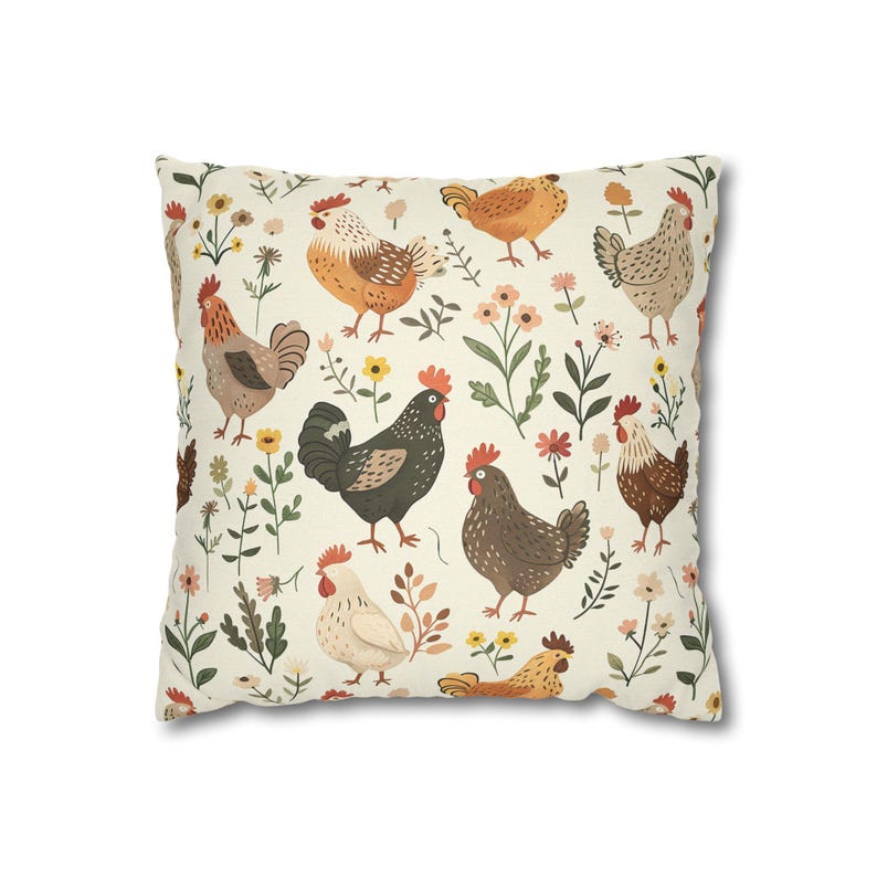 Chicken and Flowers Pillow Cover, Farmhouse Chicken Cushion Hen Print ...