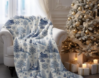 Christmas Mountain Blanket Blue Toile Winter Throw Snowy Trees Holiday Blanket Blue Christmas Throw French Country Christmas Tree Blanket