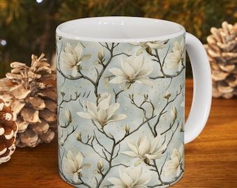 Magnolia Flowers Mug, Elegant Magnolia Blossom Mug Feminine Floral Coffee Cup Garden Lover Gift White Bloom Mug White Botanical Tea Mug Gift