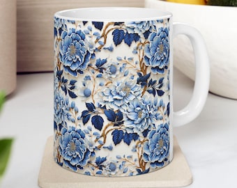 Blue and White Floral Mug, Vintage Botanical Flower Tea Cup Gardening Lover Cup Cottagecore Kitchen Coffee Cup Classic Blue Garden Mug Gift